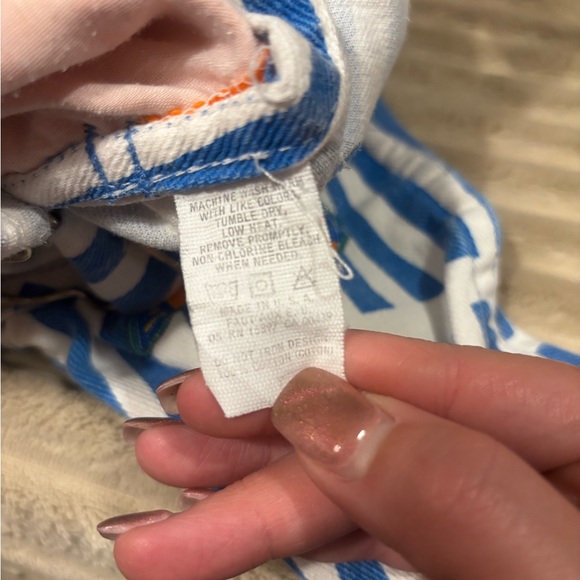 Vintage Okie-Dokie Kids Blue and Orange Striped Overalls w/ Fish - Made USA - Picture 2 of 3